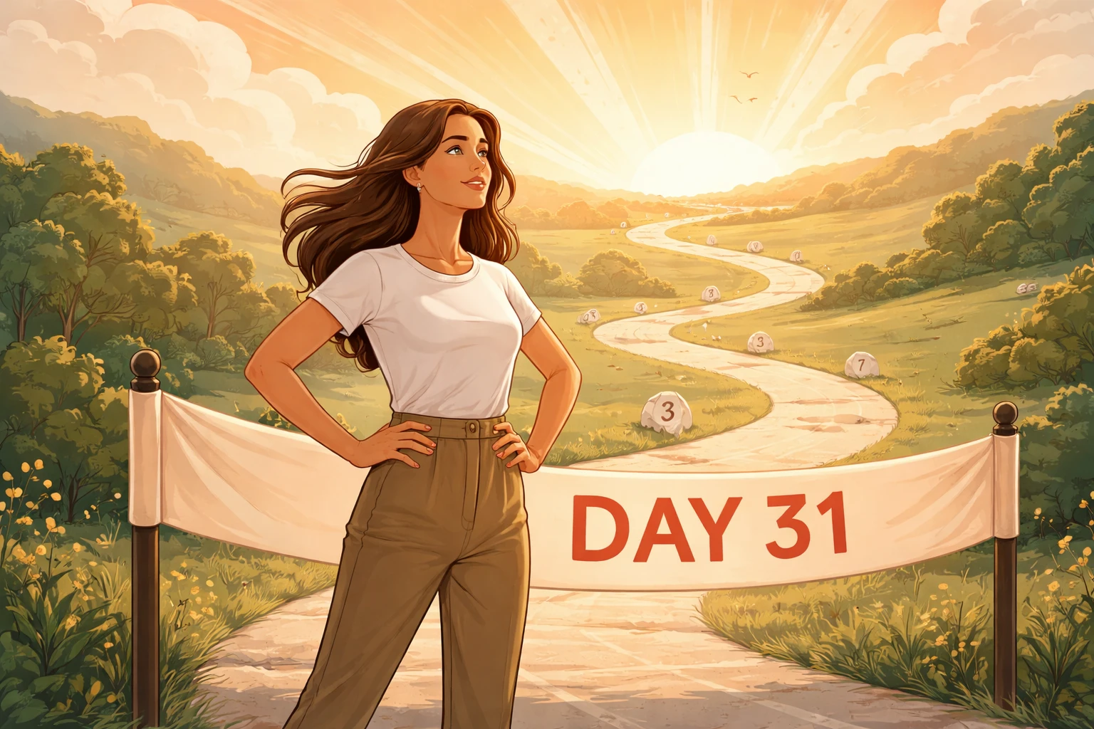 Woman standing confidently at finish line marked Day 31