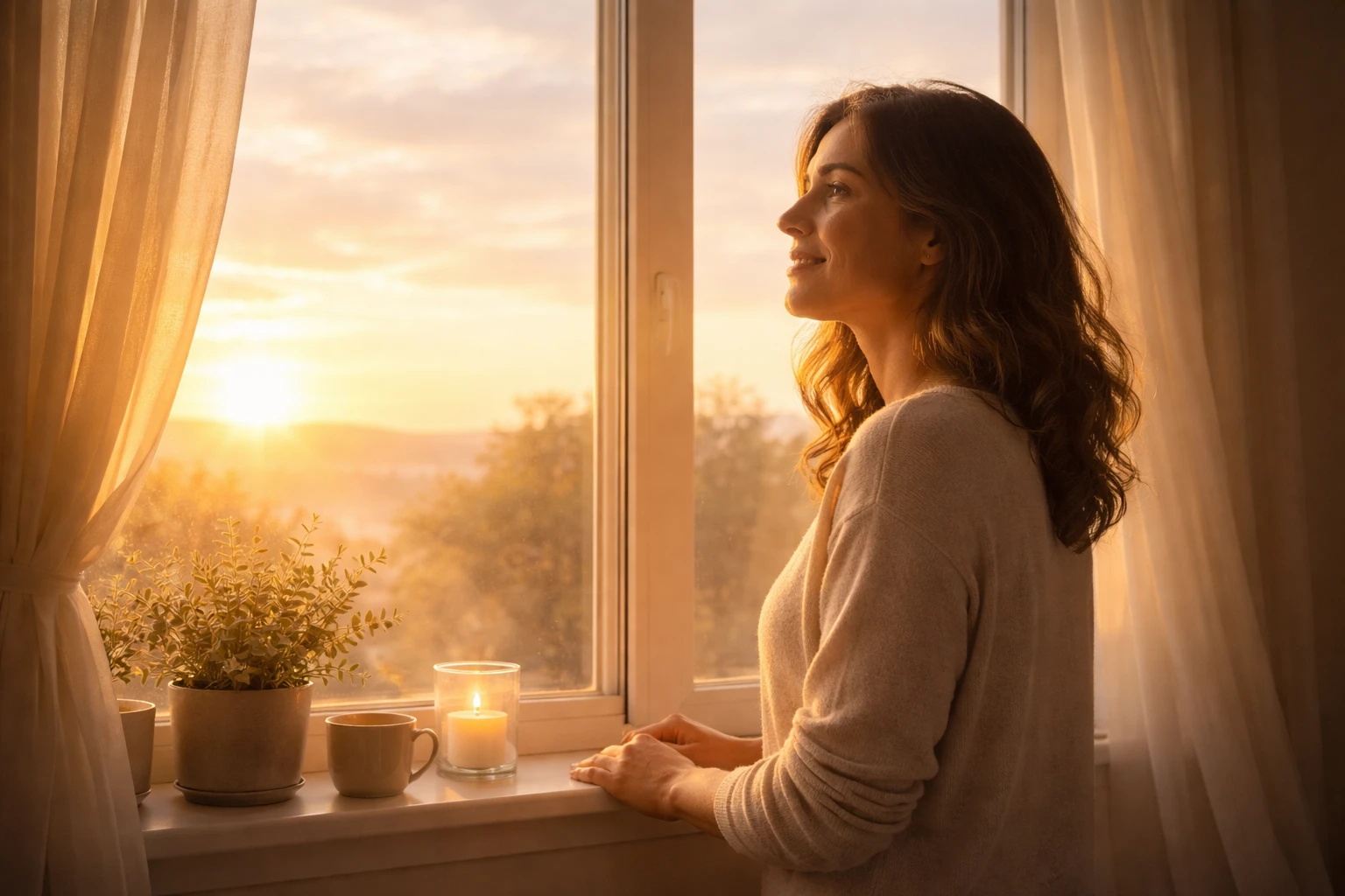 Personne trouvant la paix et l'acceptation, regardant un lever de soleil, lumière dorée chaude