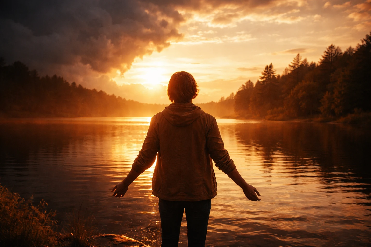 Person standing peacefully by a lake at golden hour, representing acceptance and peace