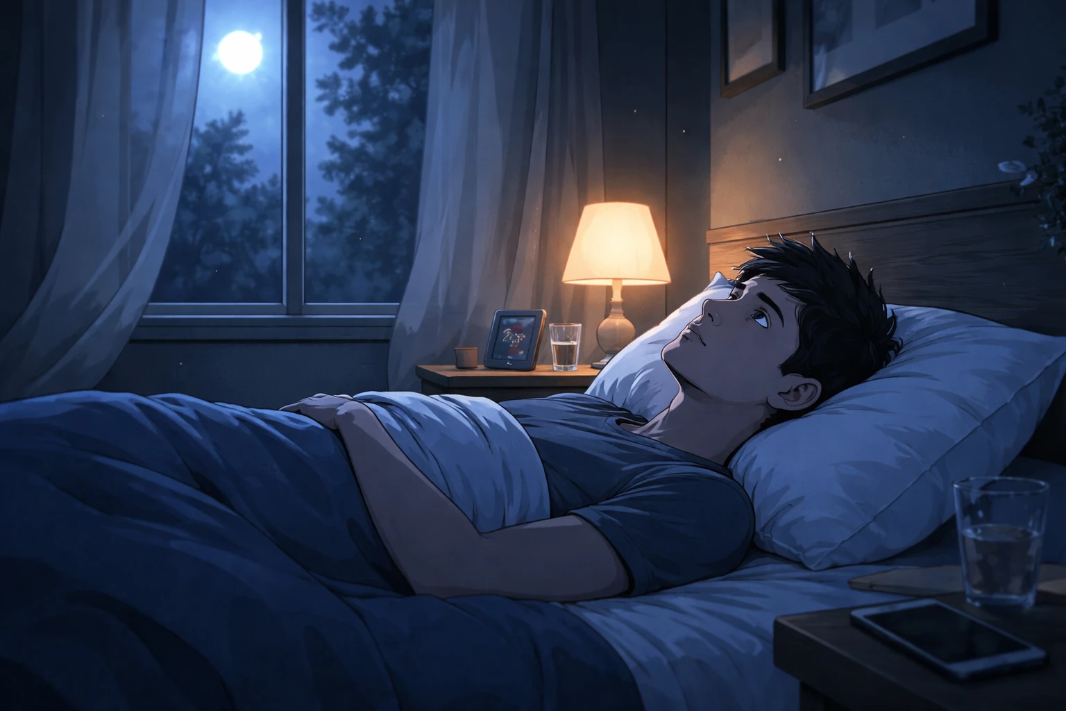 Personne éveillée la nuit regardant le plafond, anxiété nocturne