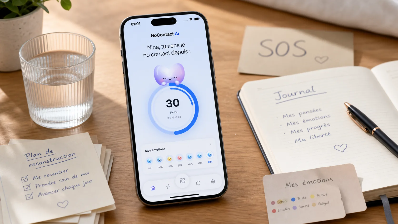 Fonctionnalités d'une application rupture amoureuse sur un bureau calme