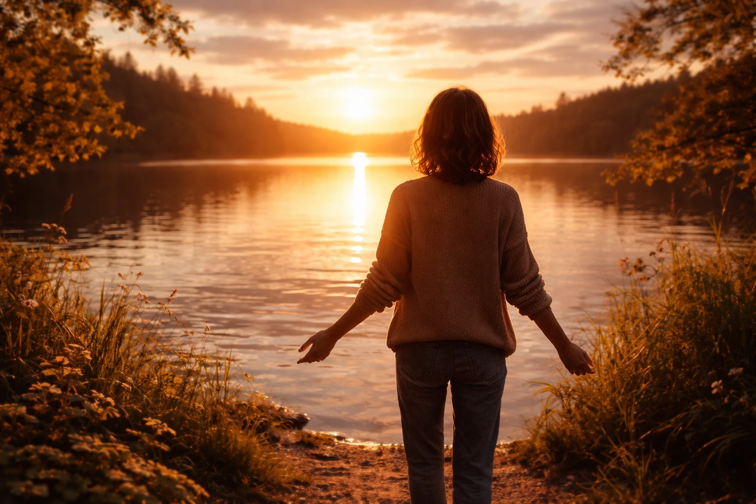 Person standing by a peaceful lake at sunset, symbolizing healing and moving forward