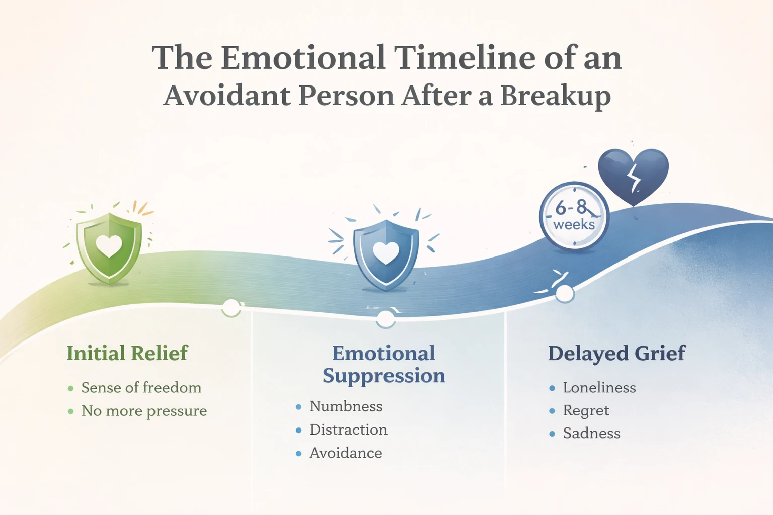 Infographic showing the emotional timeline of avoidant attachment after breakup