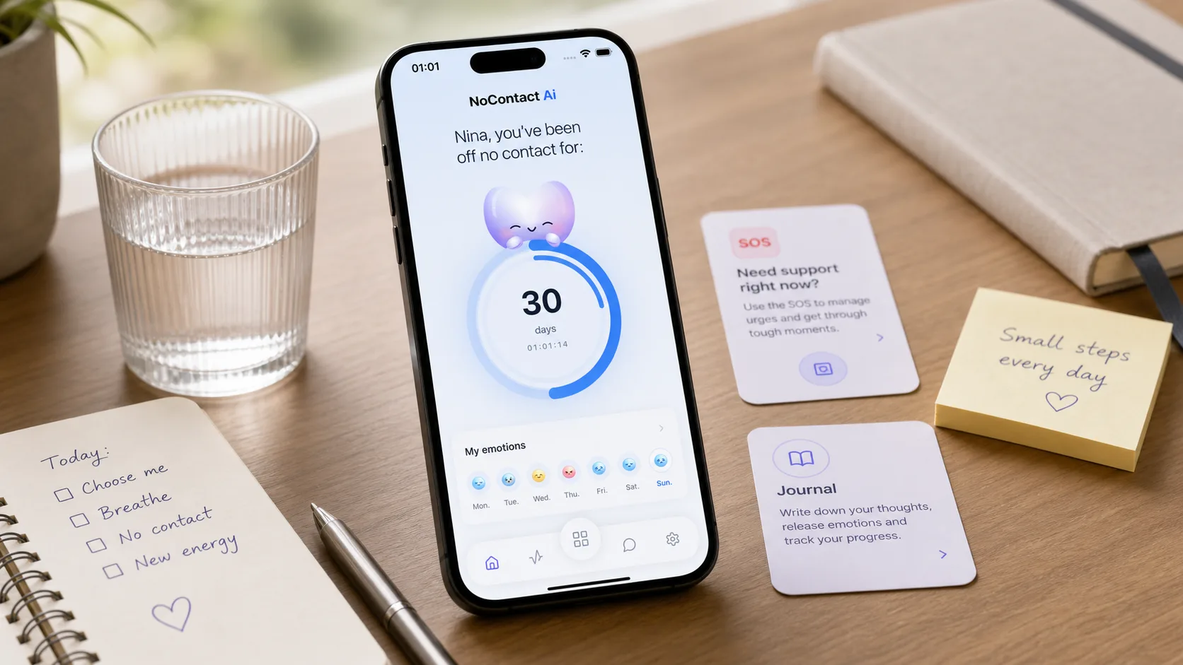 Breakup app features on a calm desk setup