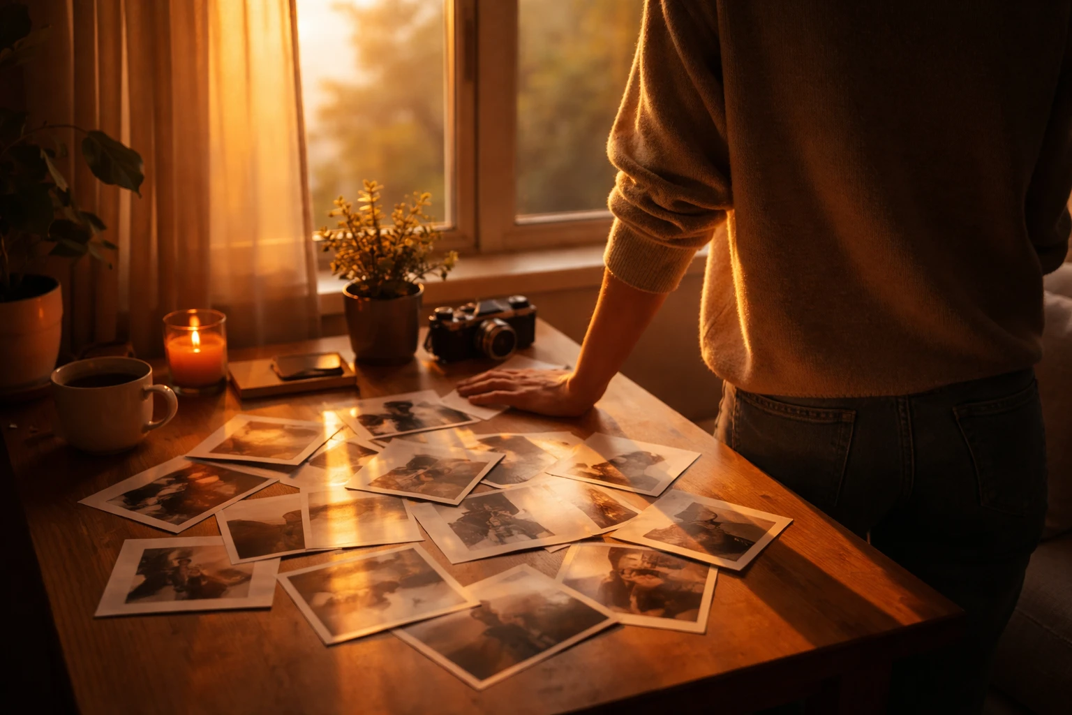 Personne regardant de vieilles photos, moment de nostalgie