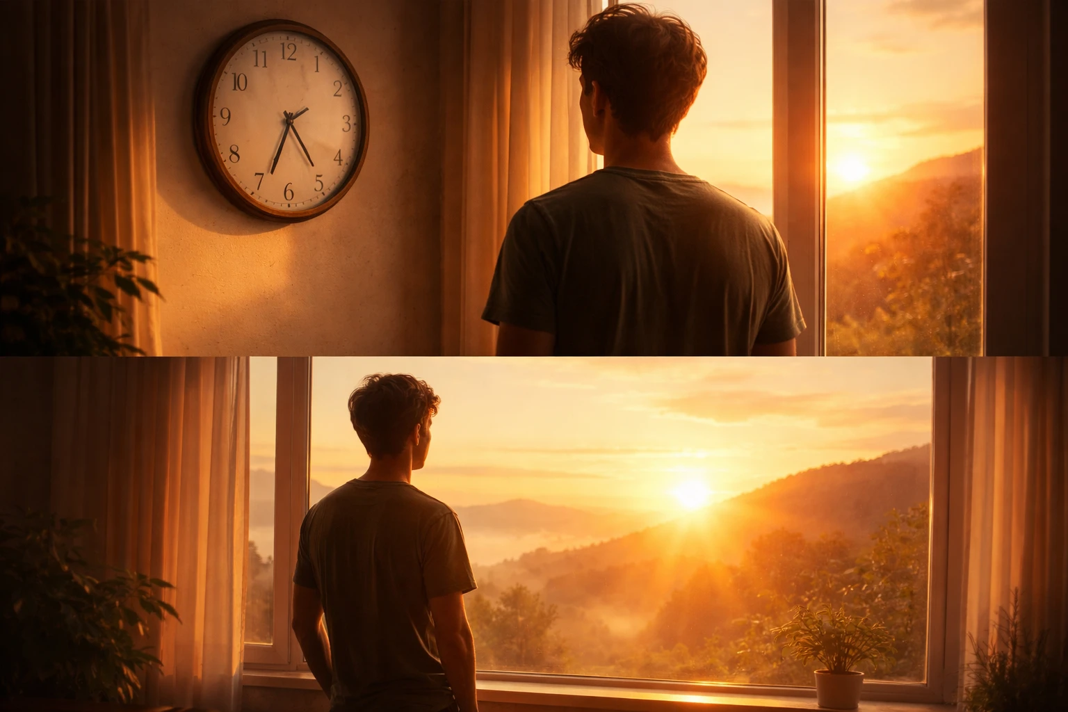 Personne regardant vers l'avenir avec espoir, lumière dorée chaleureuse