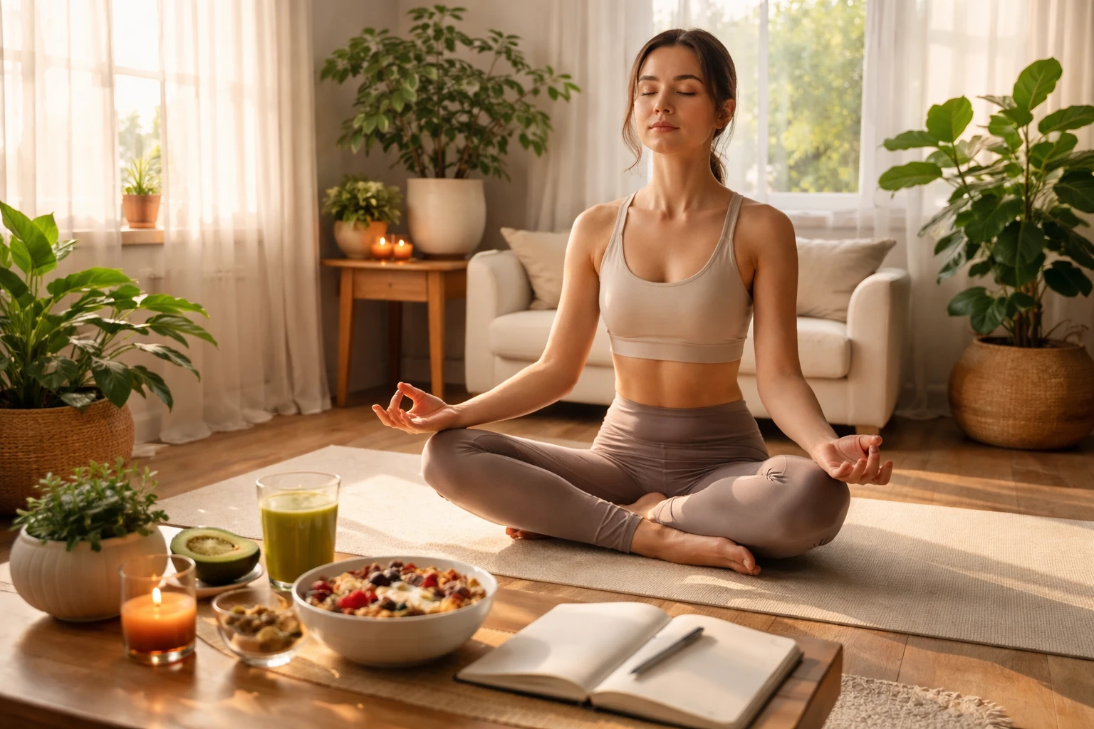 Personne pratiquant le self-care : yoga, nourriture saine, journal, plantes autour