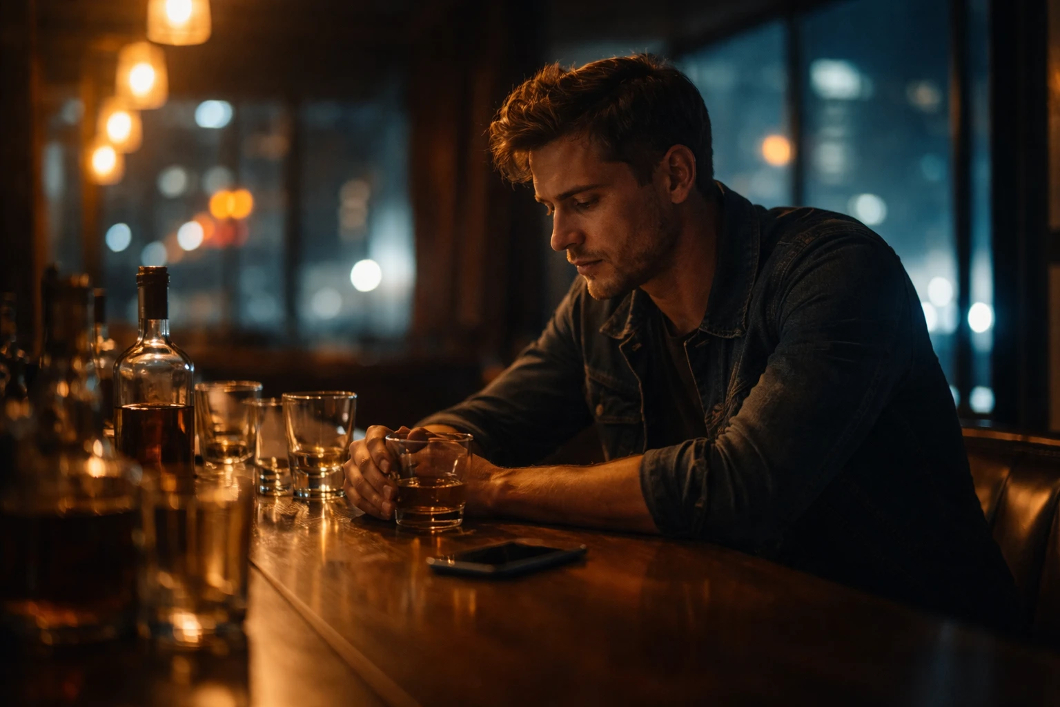 Homme seul au bar la nuit, représentant la phase de distraction après une rupture