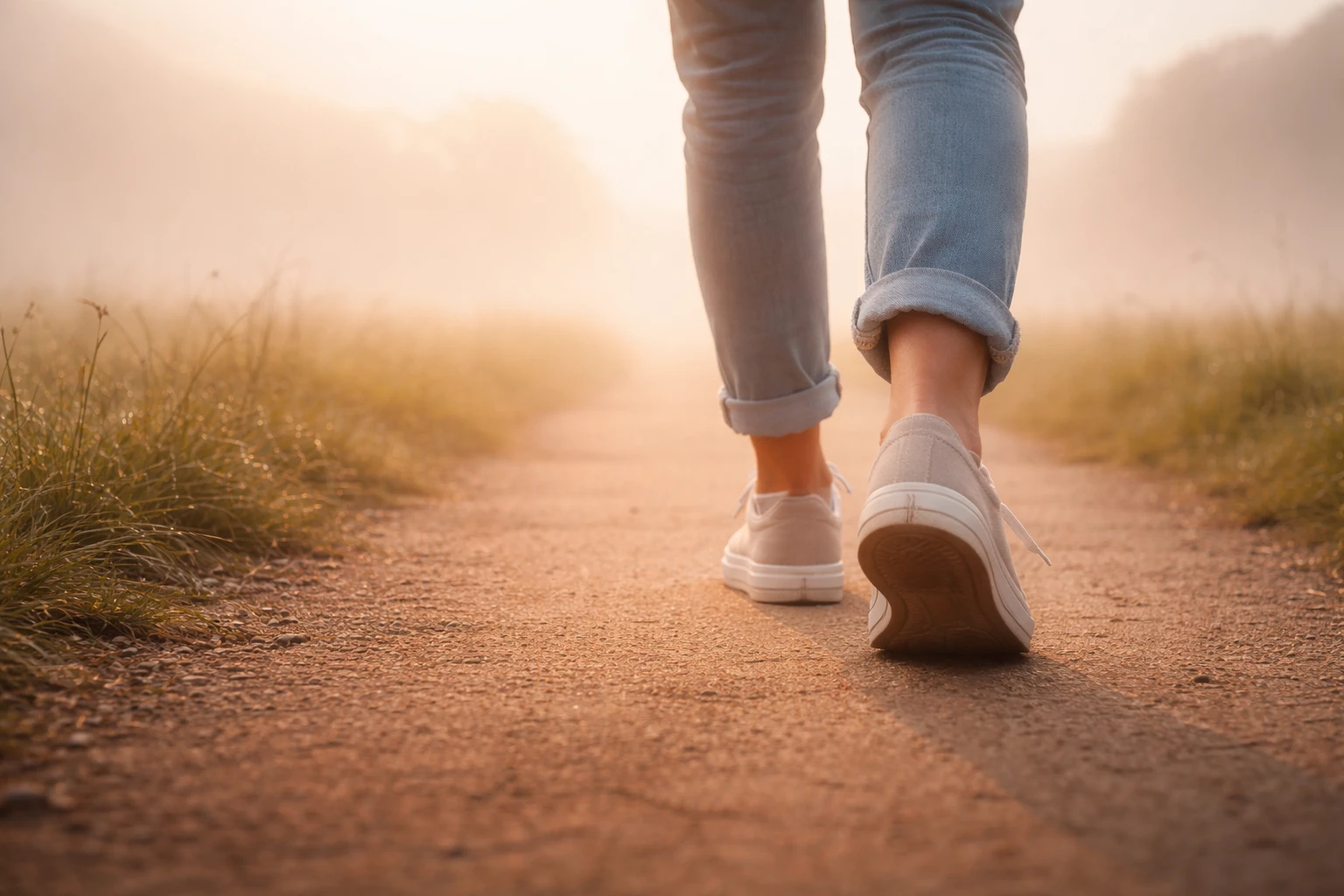 Personne faisant un pas en avant sur un chemin, concept des petits pas