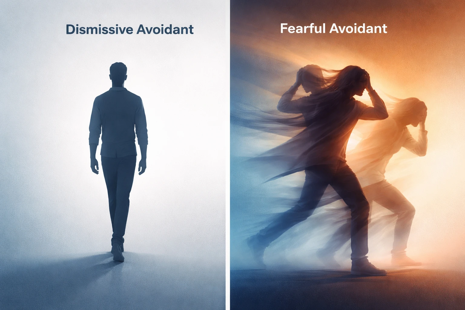 Comparison showing dismissive avoidant vs fearful avoidant breakup patterns