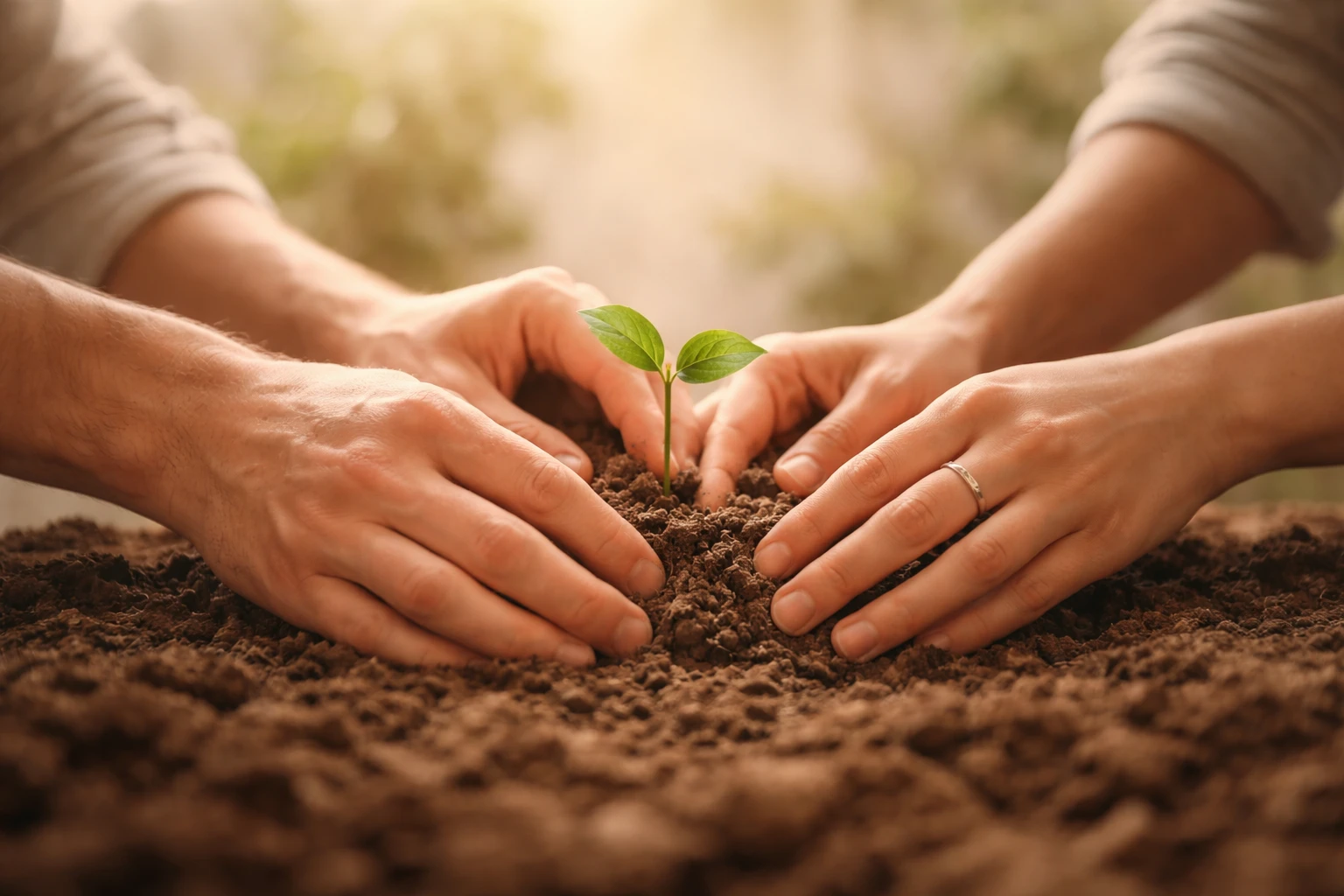 Two hands working together to plant something, representing building a new foundation