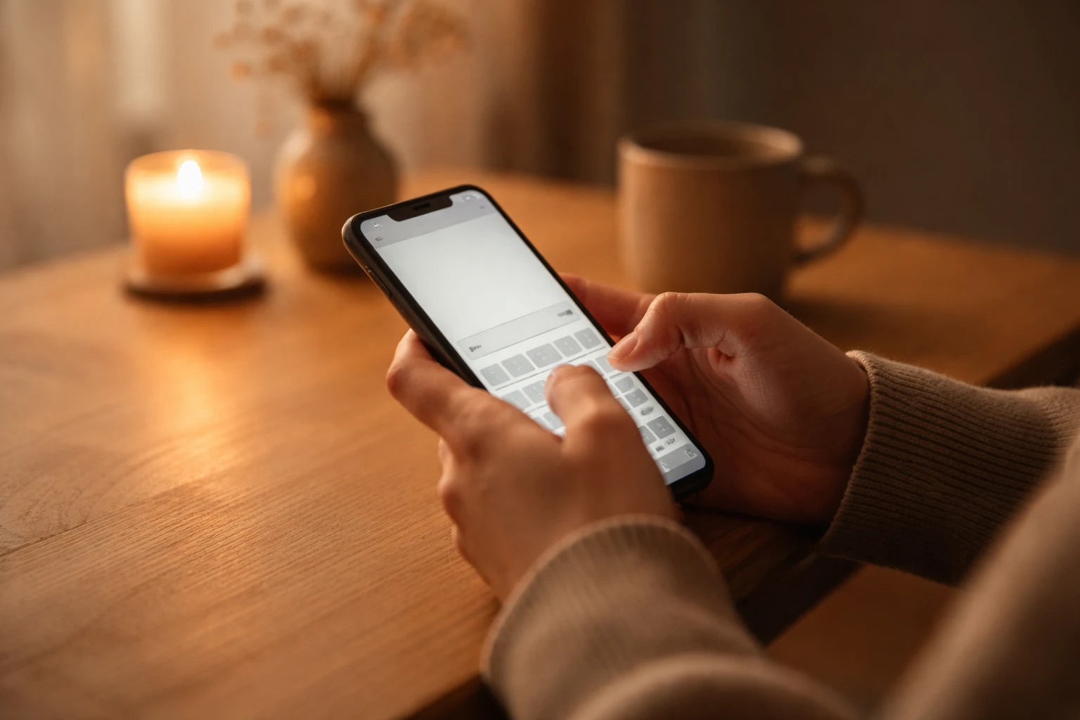 Hands typing a message on phone with contemplative moment