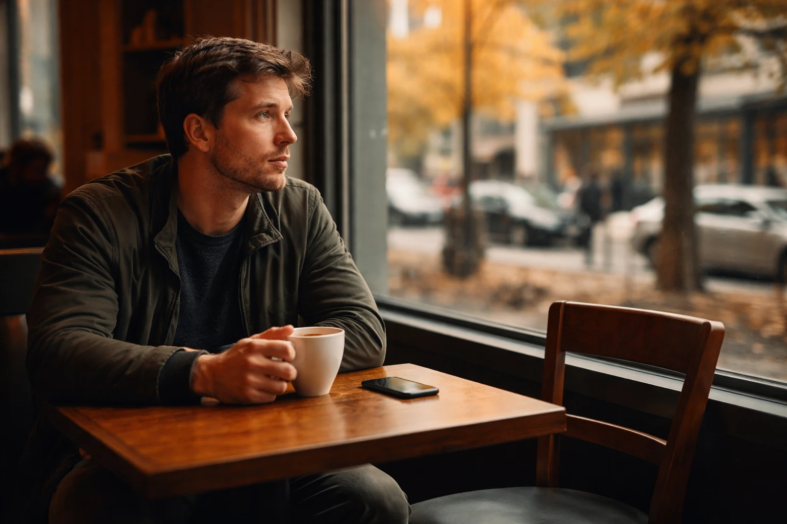 Homme pensif dans un café, chaise vide en face de lui