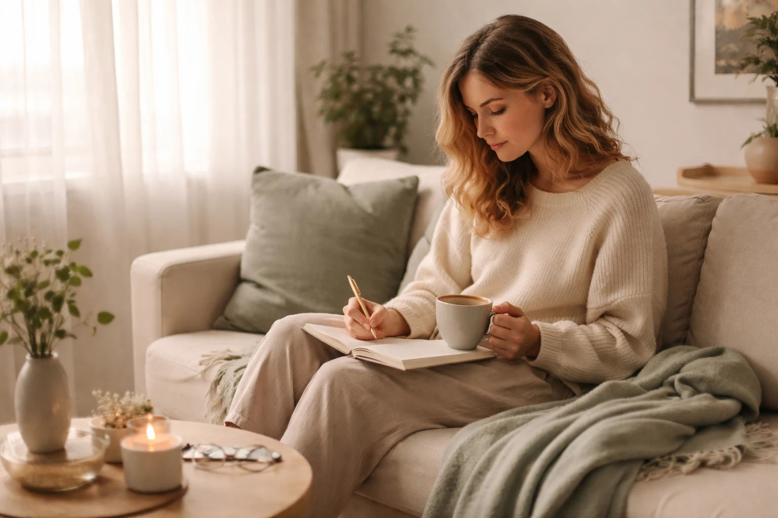 Woman journaling by soft morning light, processing emotions in a peaceful setting