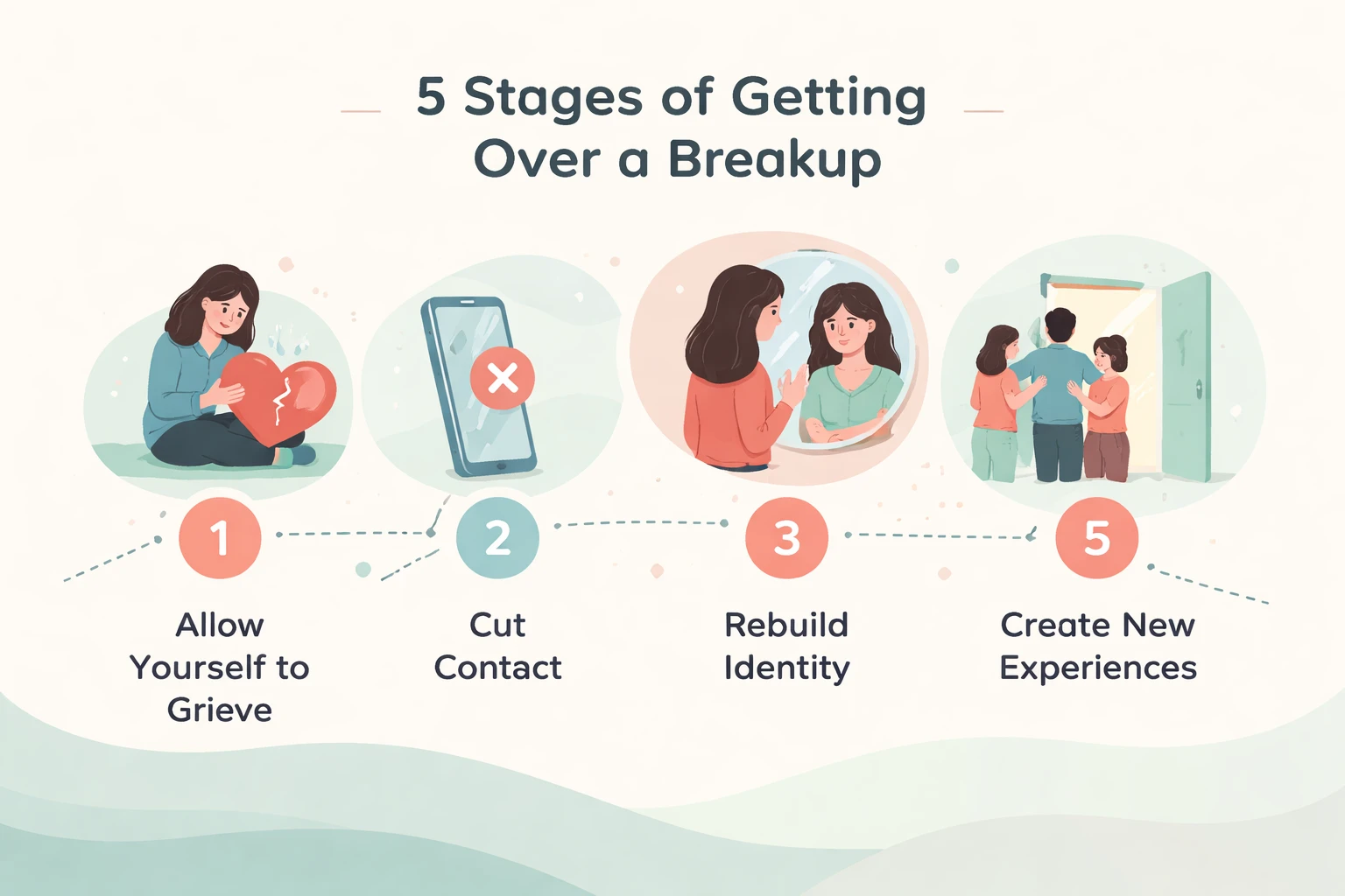 Visual guide to the 5 steps of breakup recovery showing the journey from grief to growth
