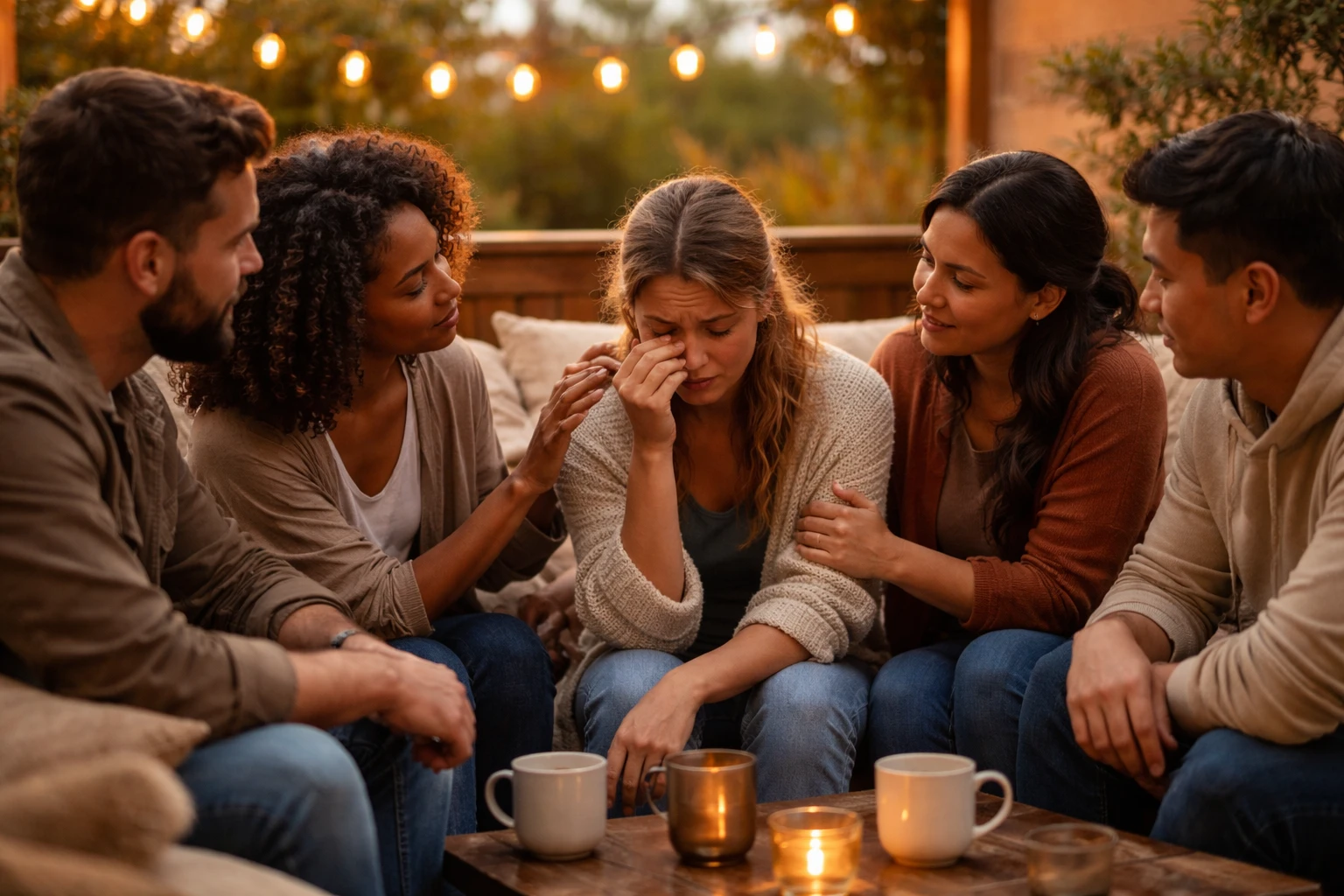 Friends gathered together offering emotional support during difficult times