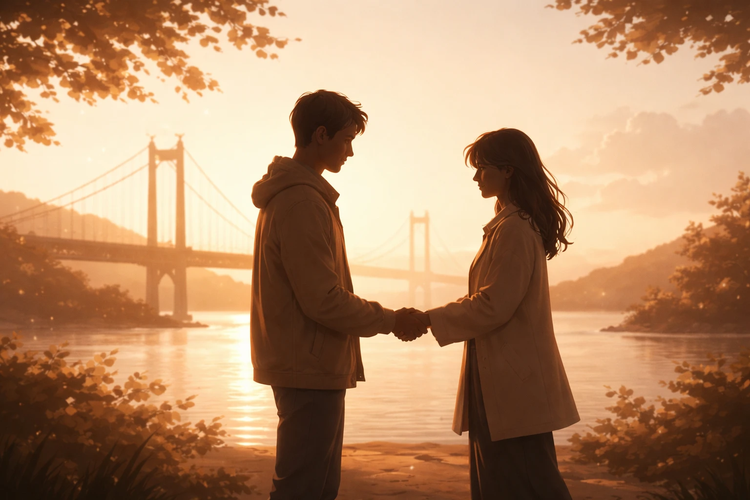 Two silhouettes reconnecting with gentle gesture at golden hour