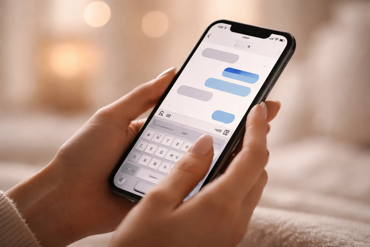 Smartphone showing text conversation in warm lighting