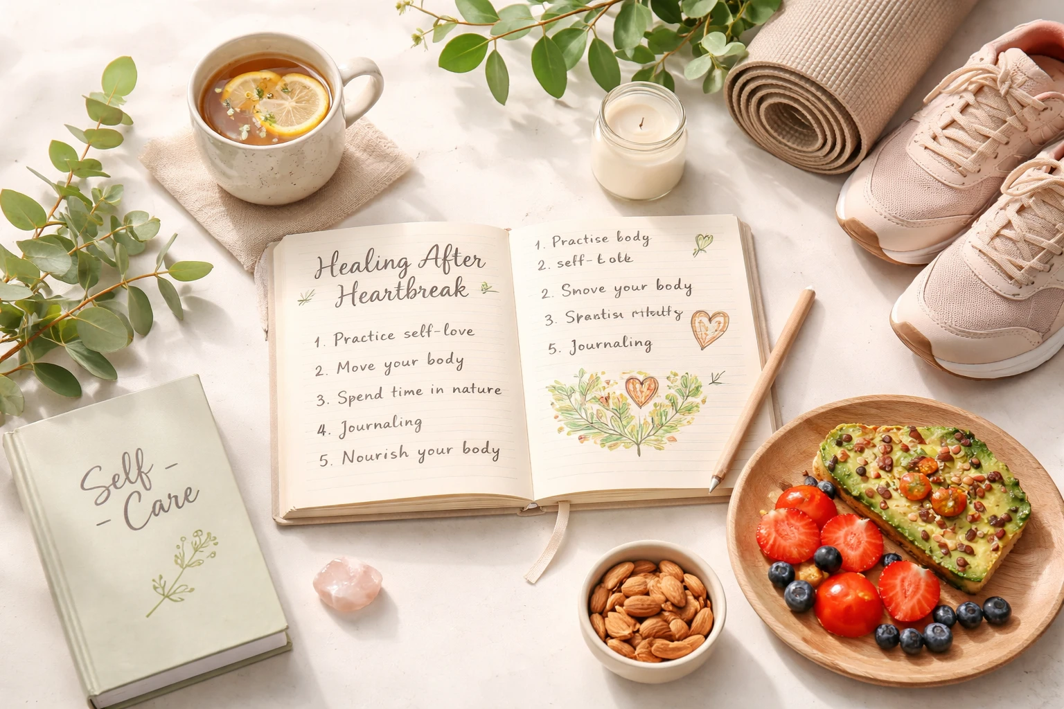 Flat lay of self-care items including journal, tea, yoga mat, and healthy food representing healing strategies