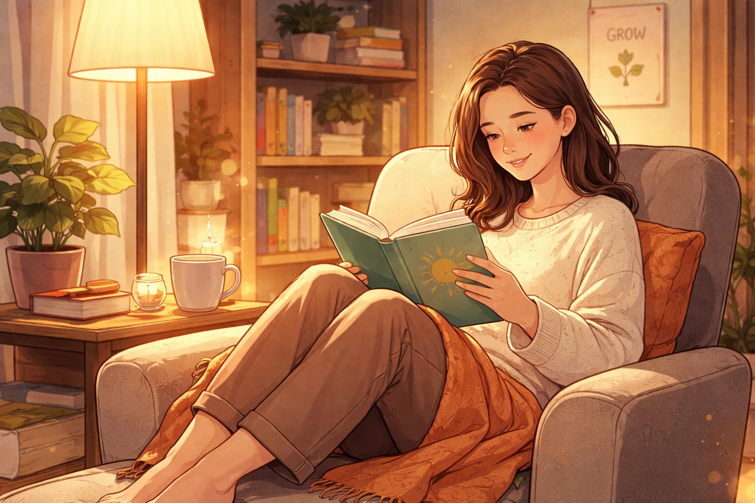 Personne lisant un livre confortablement installée dans un fauteuil avec éclairage doux