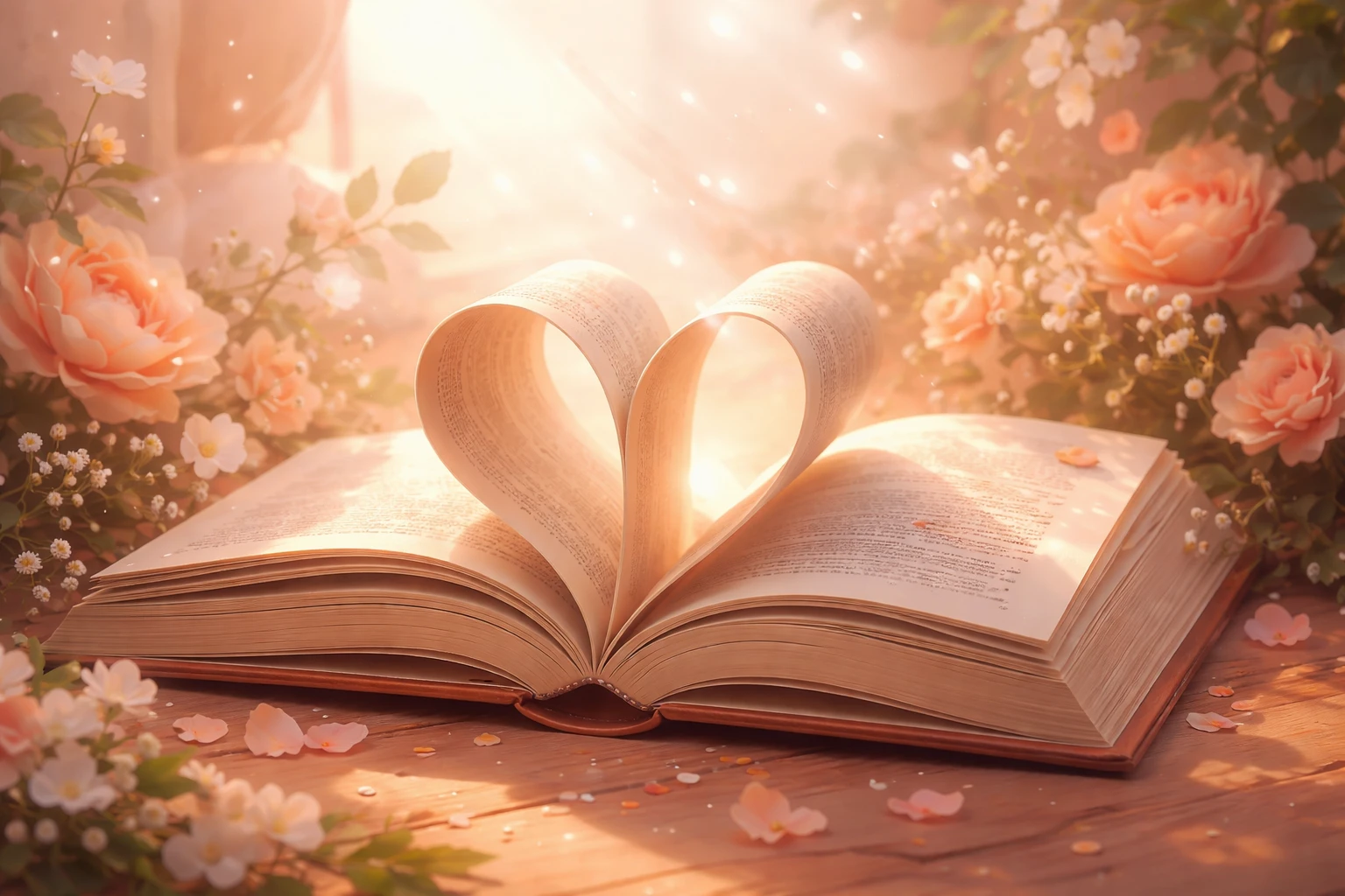Livre ouvert avec pages formant un cœur, entouré de lumière douce