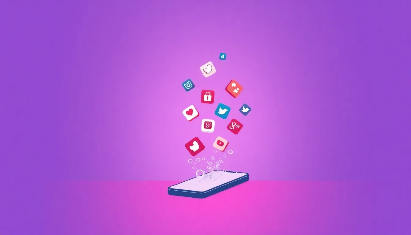 Illustration of digital detox - smartphone with social media icons floating away