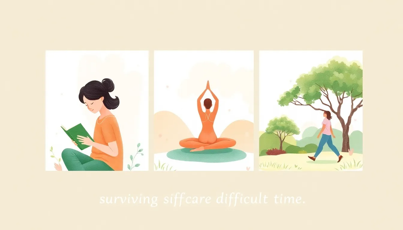Triptych illustration of self-care activities: reading, yoga, nature walks