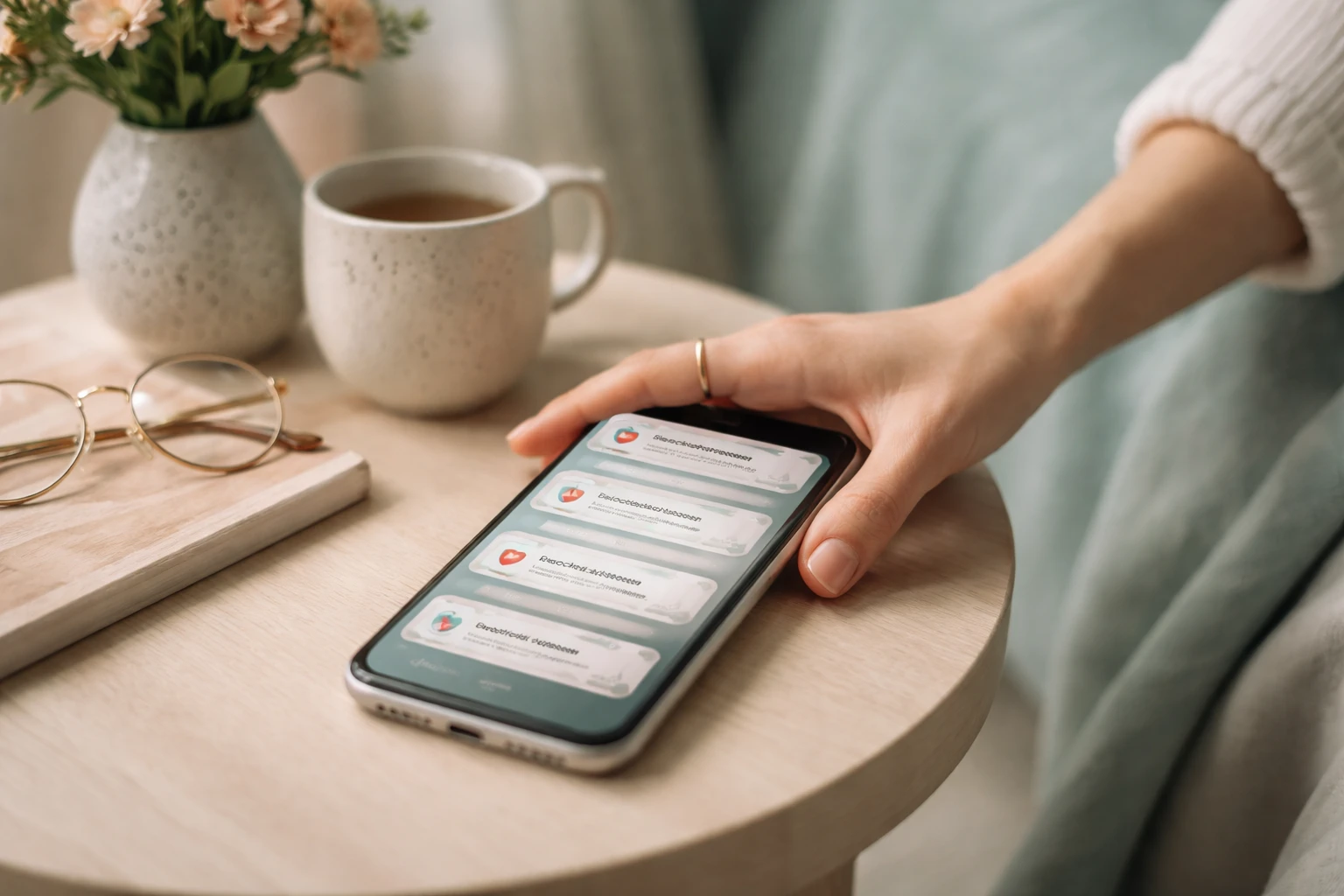 Woman confidently putting down phone, blocking messages