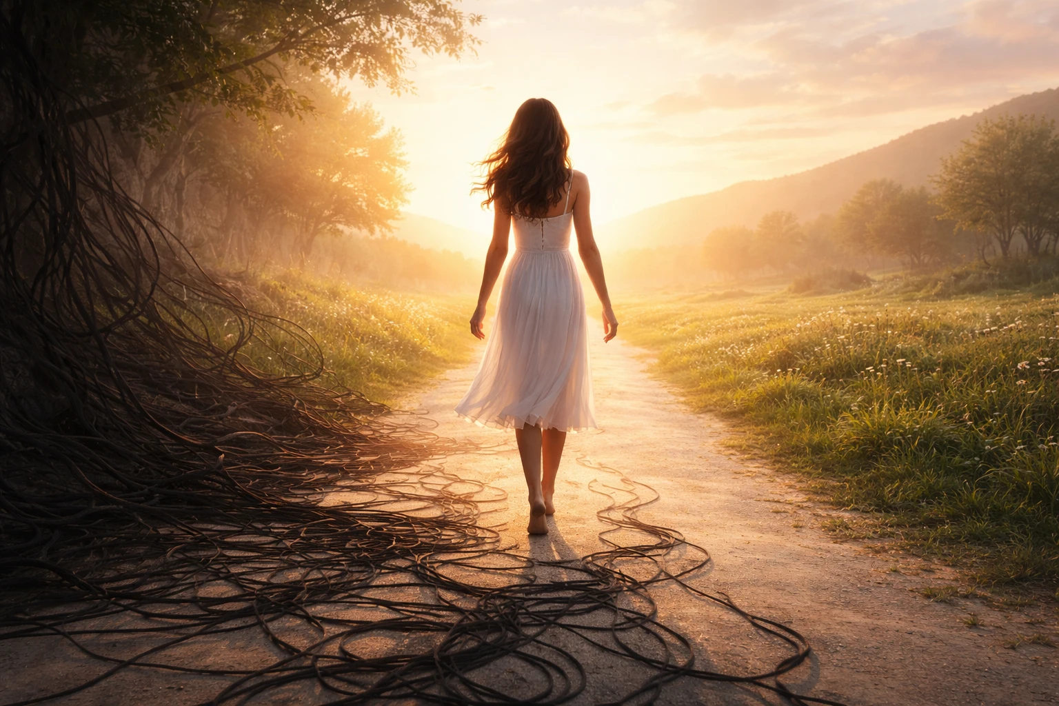 Woman walking toward sunrise, leaving dark threads behind