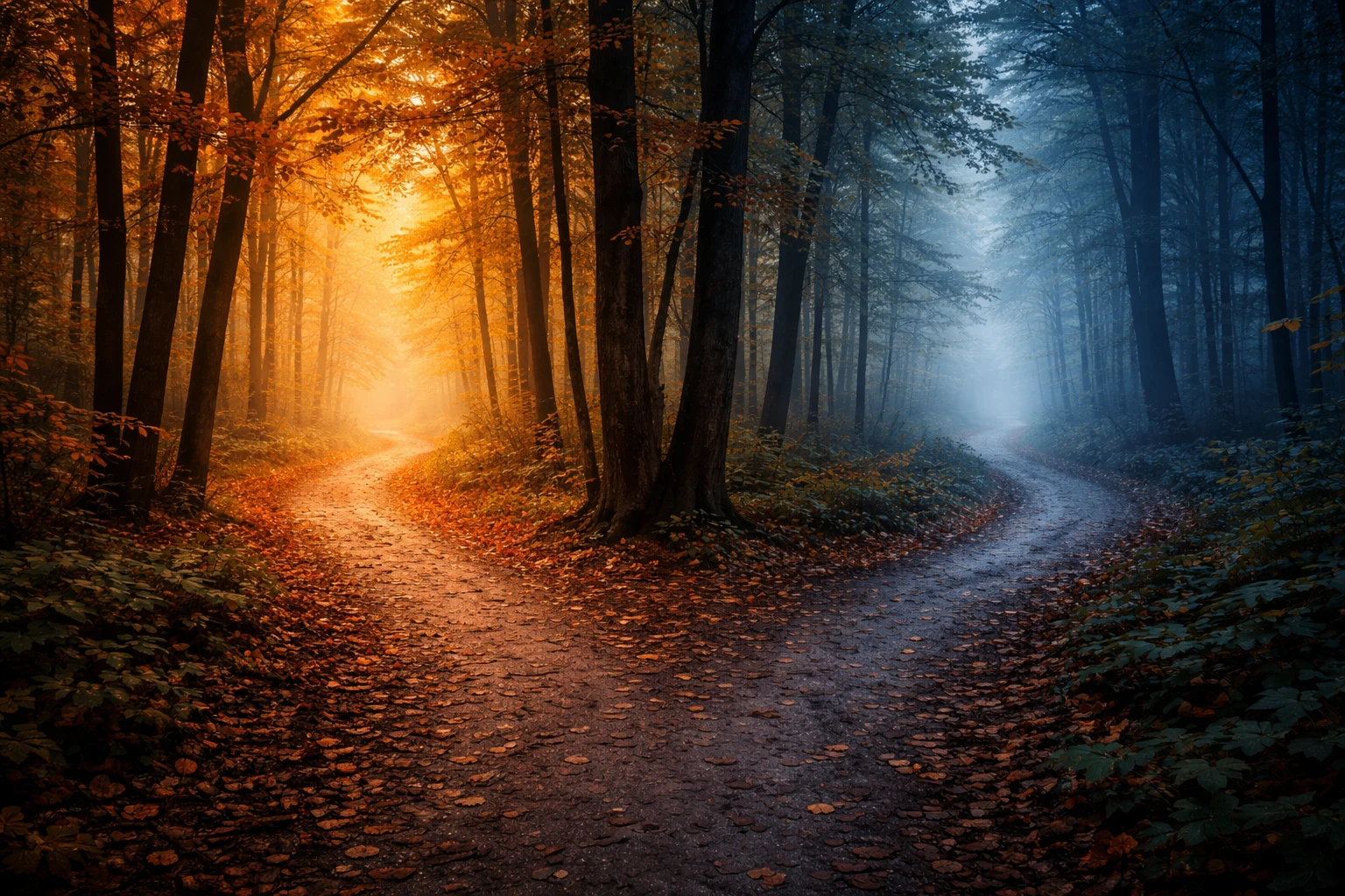 Deux chemins qui divergent, symbolisant le choix