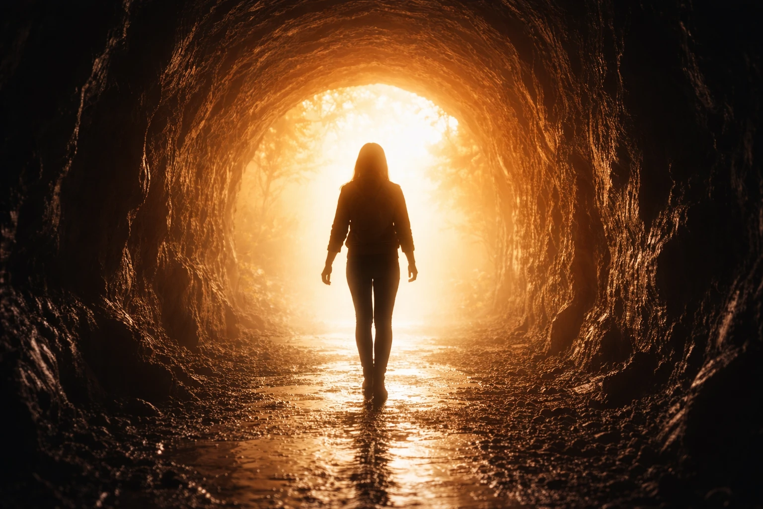 Personne émergeant d'un tunnel sombre vers la lumière, métaphore de transformation