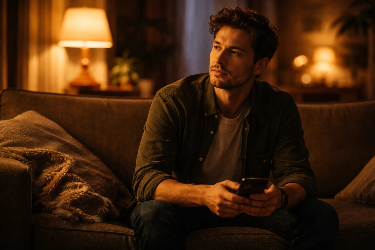 Homme pensif sur son canapé le soir