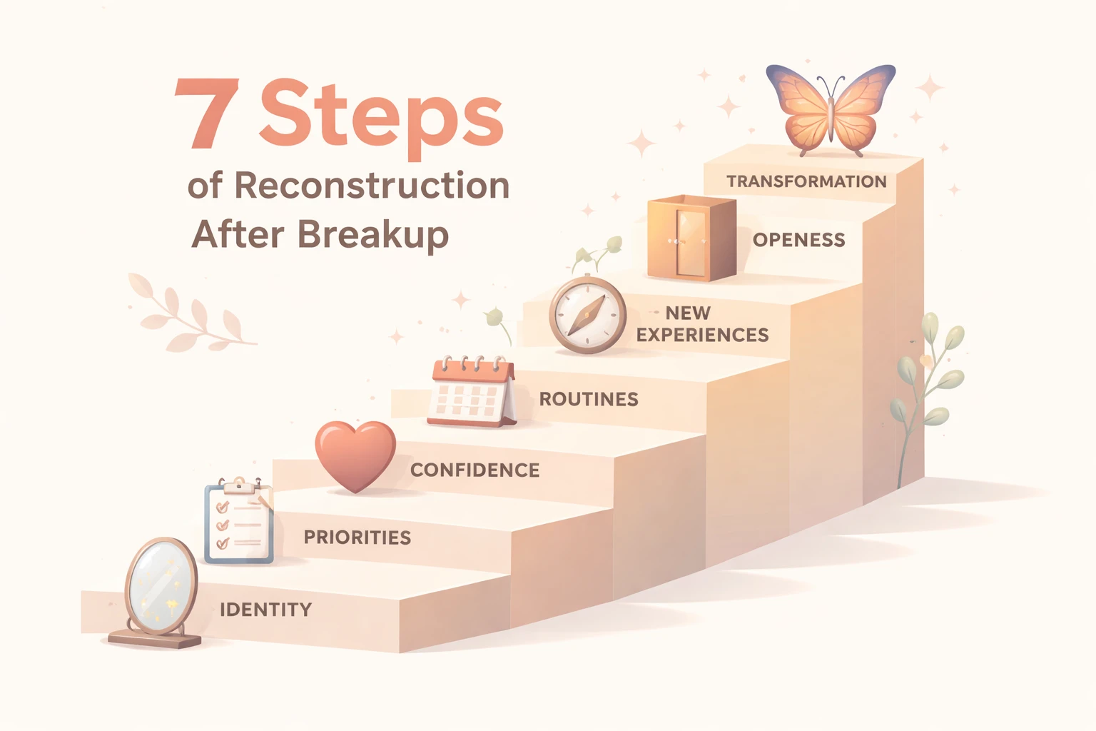 Infographie montrant les 7 étapes de reconstruction sous forme d'escalier ascendant