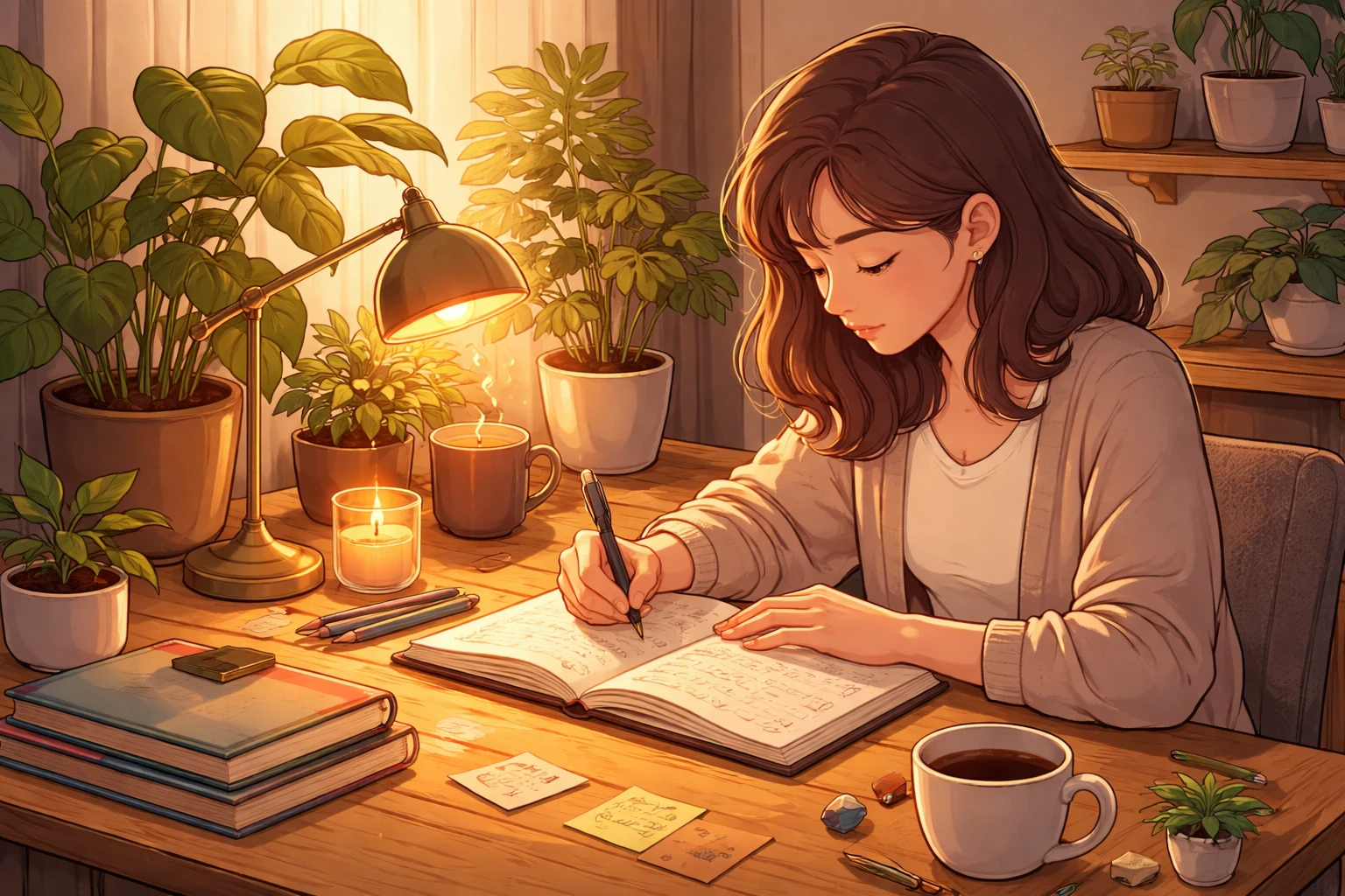 Personne écrivant dans un journal à un bureau chaleureux, réflexion et planification