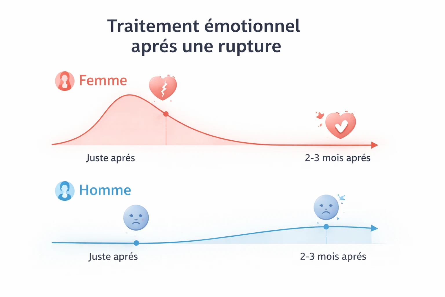 Comparaison des timelines émotionnelles homme vs femme après rupture