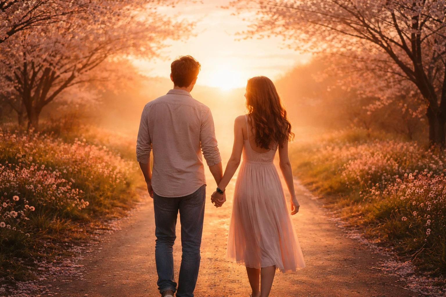 Couple marchant main dans la main vers un nouveau départ