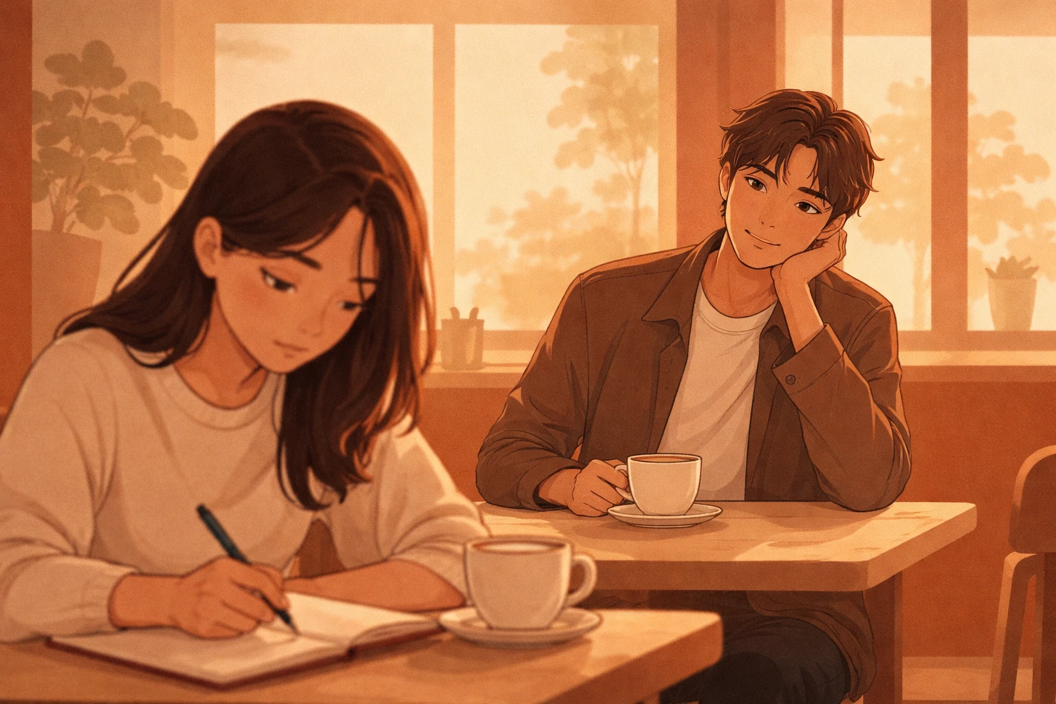 Deux personnes au café, attention subtile