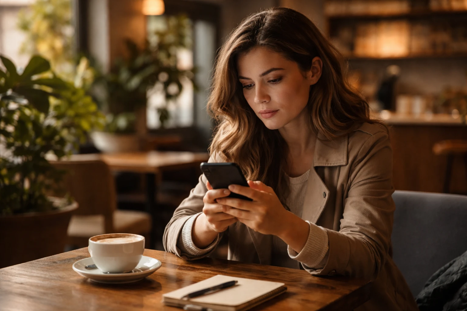 Femme réfléchissant dans un café avant de répondre