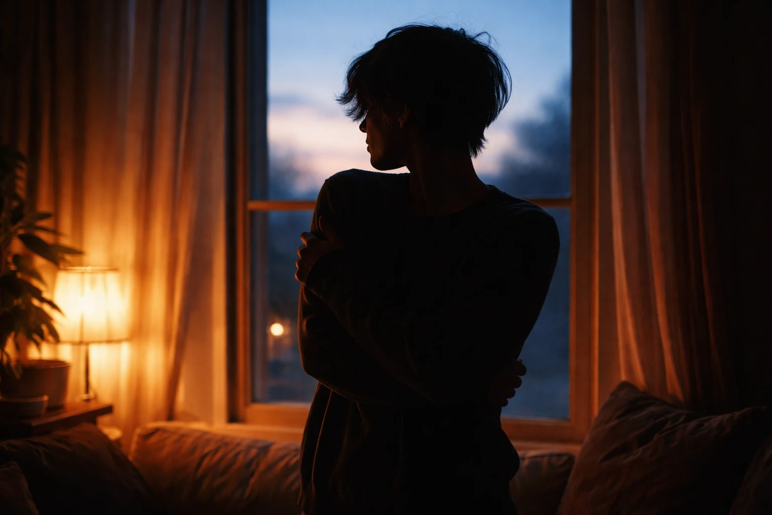 Person looking back with longing while maintaining protective body language