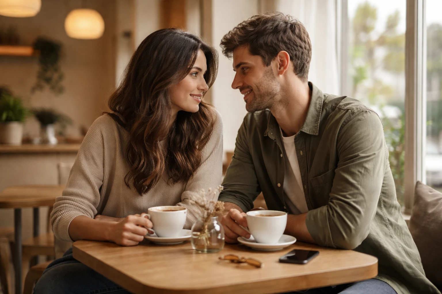 Two people having coffee at a small cafe table