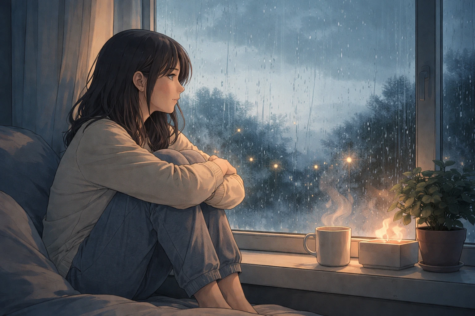 Personne assise près d'une fenêtre regardant la pluie, permettant aux émotions de couler