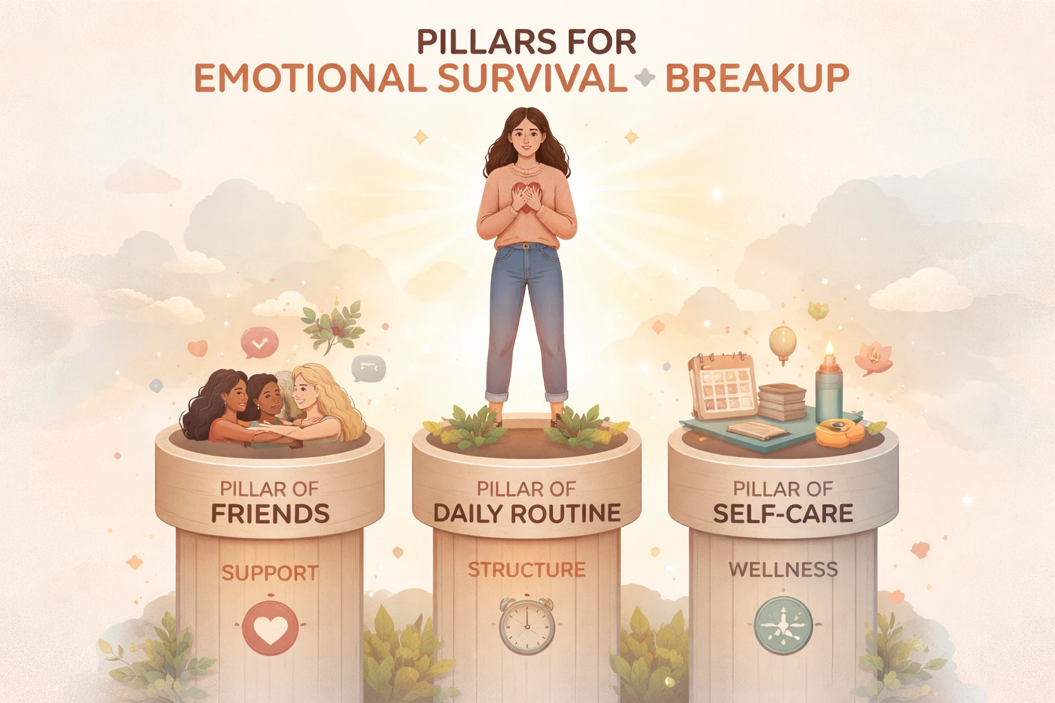 Trois piliers soutenant une personne : soutien social, routine quotidienne, prendre soin de soi