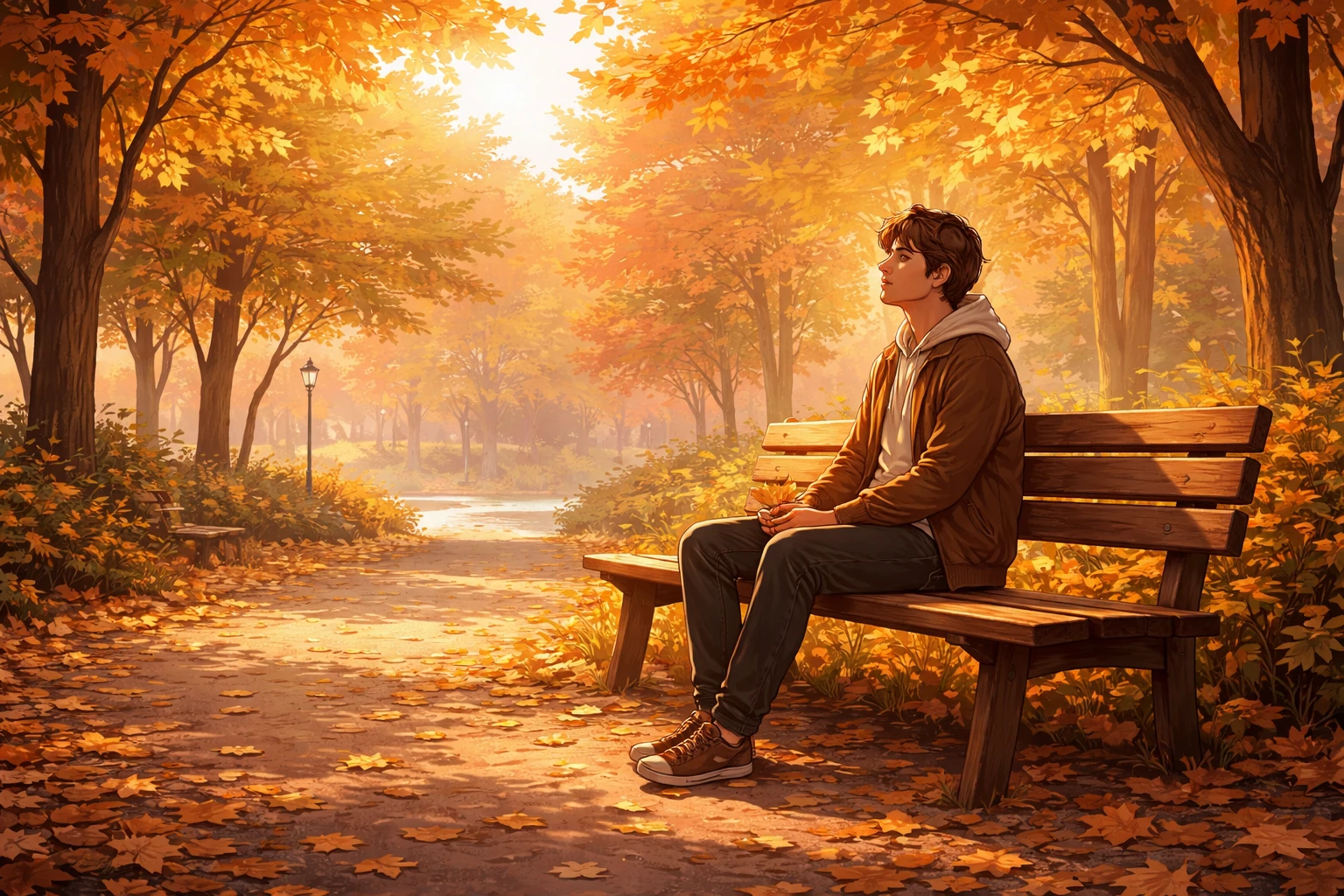 Personne trouvant un moment de paix dans la nature, assise sur un banc dans un parc paisible