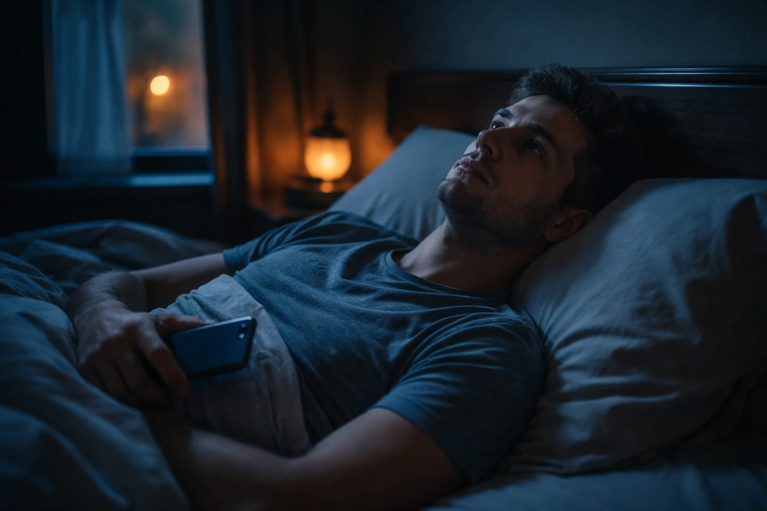 Man lying awake at night, unable to sleep, thinking