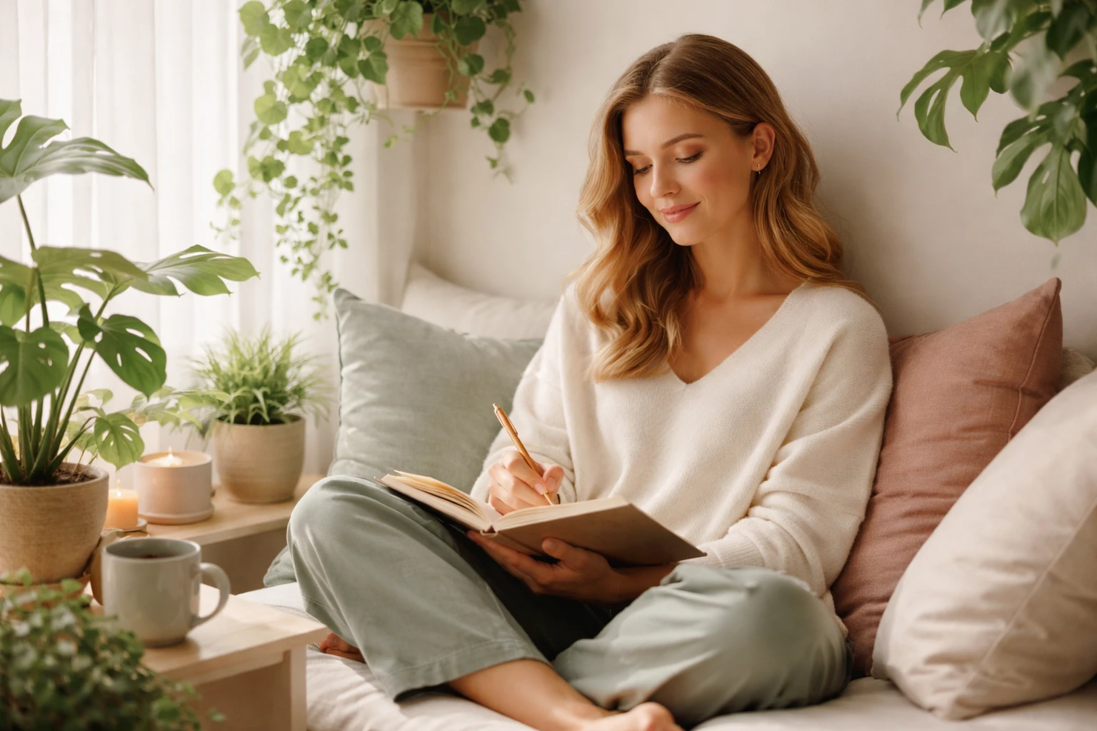 Woman journaling peacefully in a cozy reading nook, representing emotional readiness