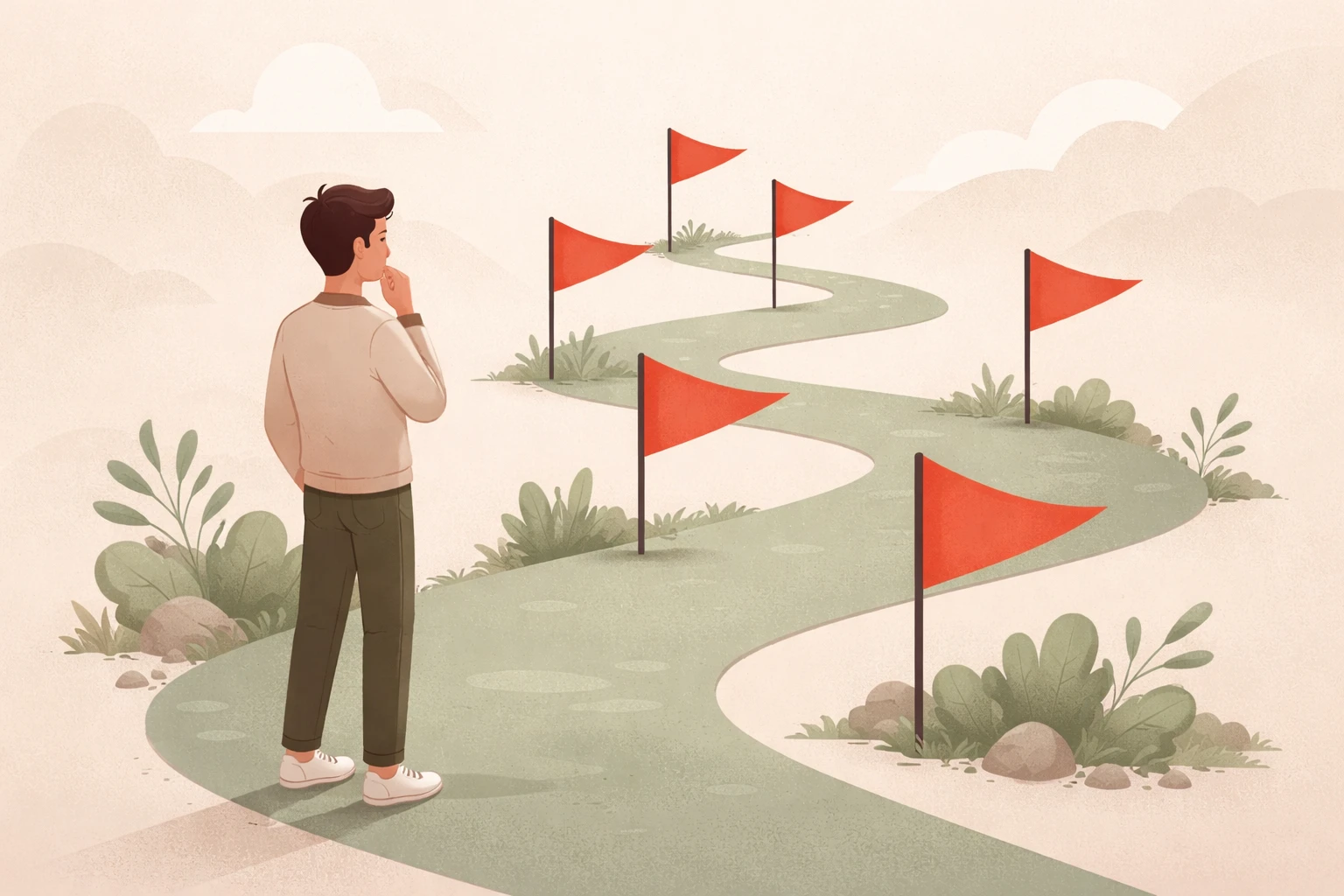 Conceptual illustration of warning signs as red flags on a path