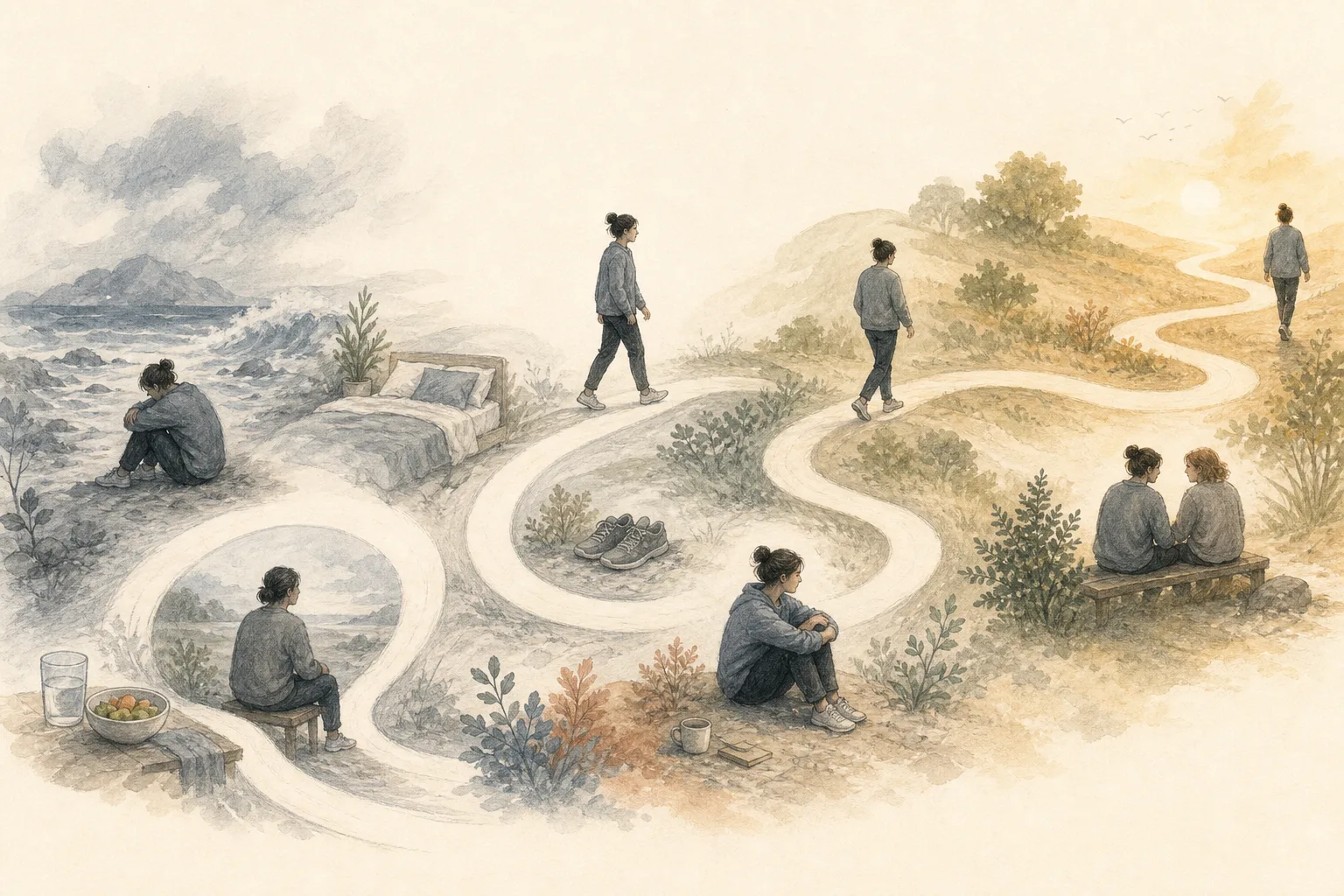 Illustration einer nicht linearen Genesung nach einer Trennung mit Fortschritten, Pausen und Umwegen