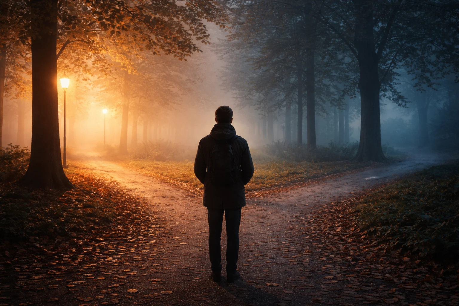 A person standing at a crossroads path in soft morning light, contemplating two directions