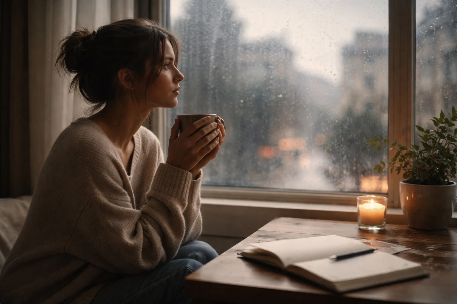A woman sitting alone by a window, reflecting during no contact, soft light and warm tones