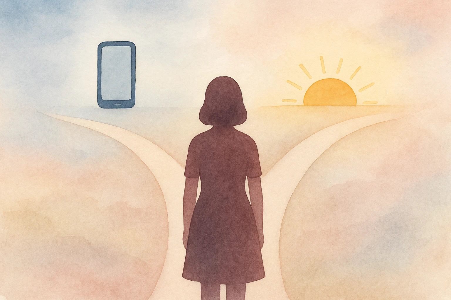 Woman at a crossroads between reaching out and healing